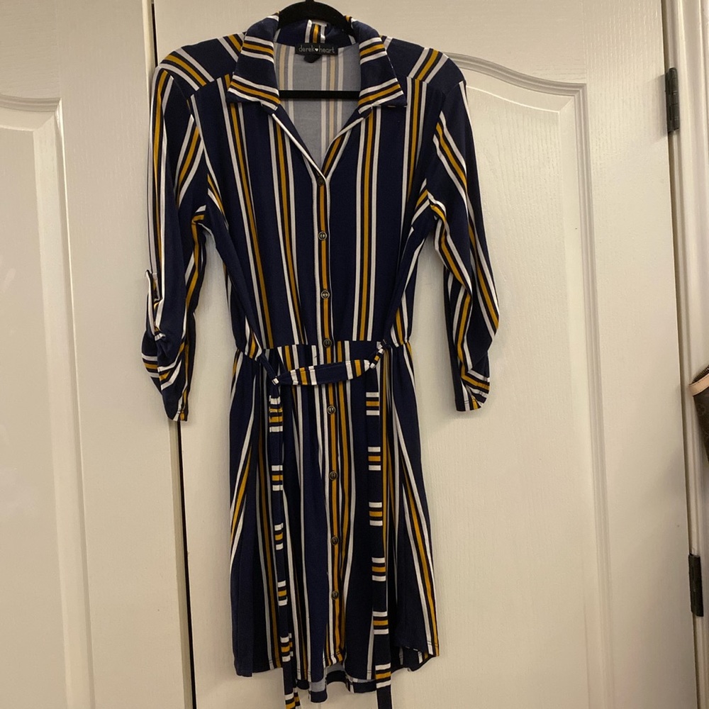 yellow, navy and white stripped dress